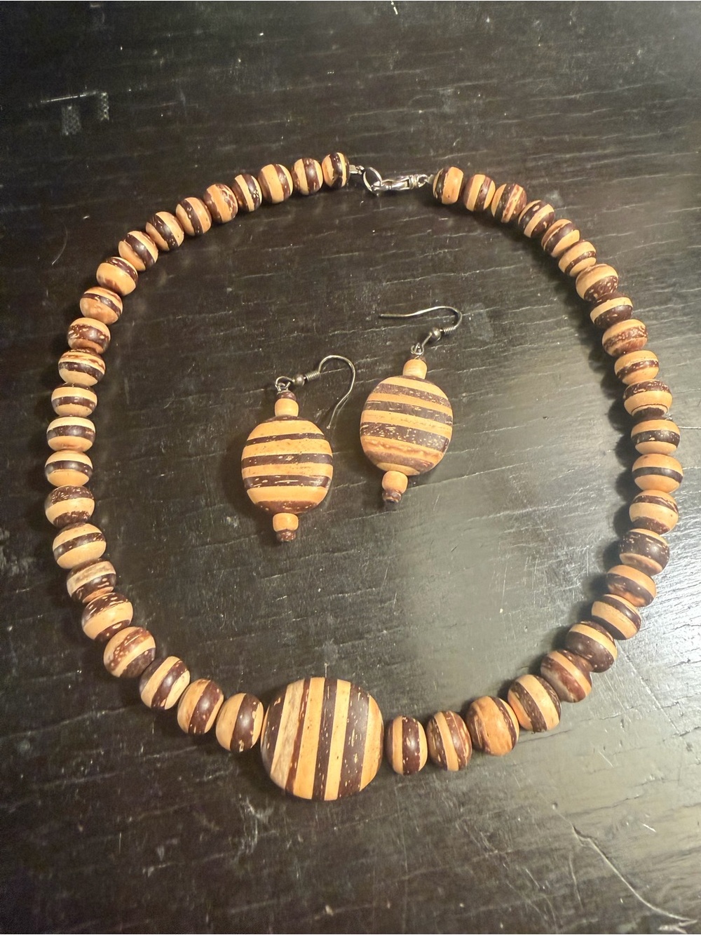 Vintage Tiger Striped Wood Art Deco Necklace Earrings Set
